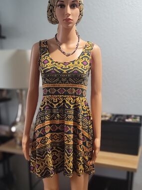 Xhilaration Dress Women Yellow Tribal Print Boho Skater Skirt, New